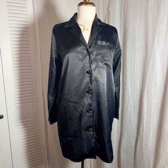 Bare Luxury | Women’s | Night Shirt | S | Y2k 90's Black Satin Button Down Long - Picture 1 of 6